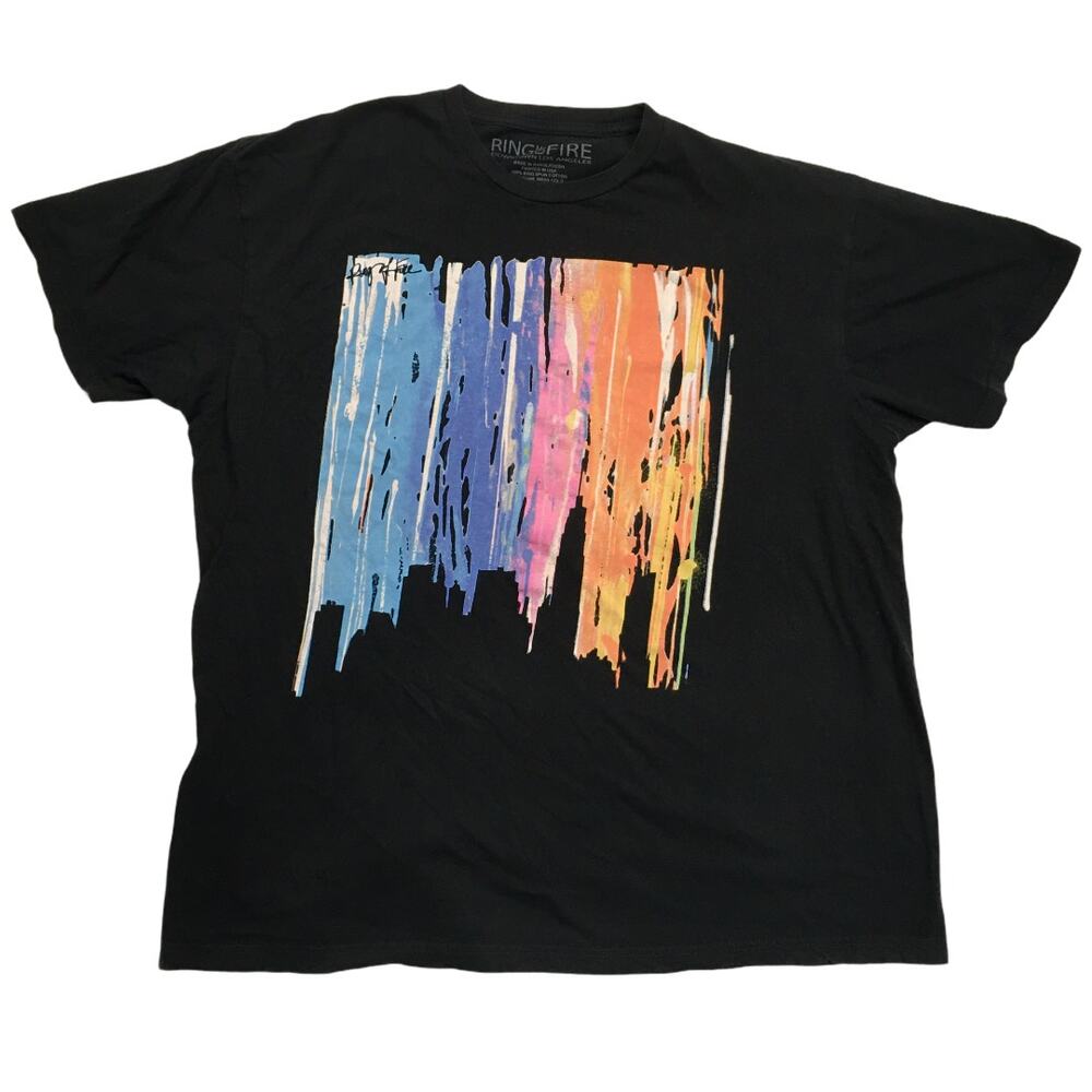 Ring of Fire Shirt Crew Neck Short Sleeve Tee Black Rainbow Graphic Men's XL‎